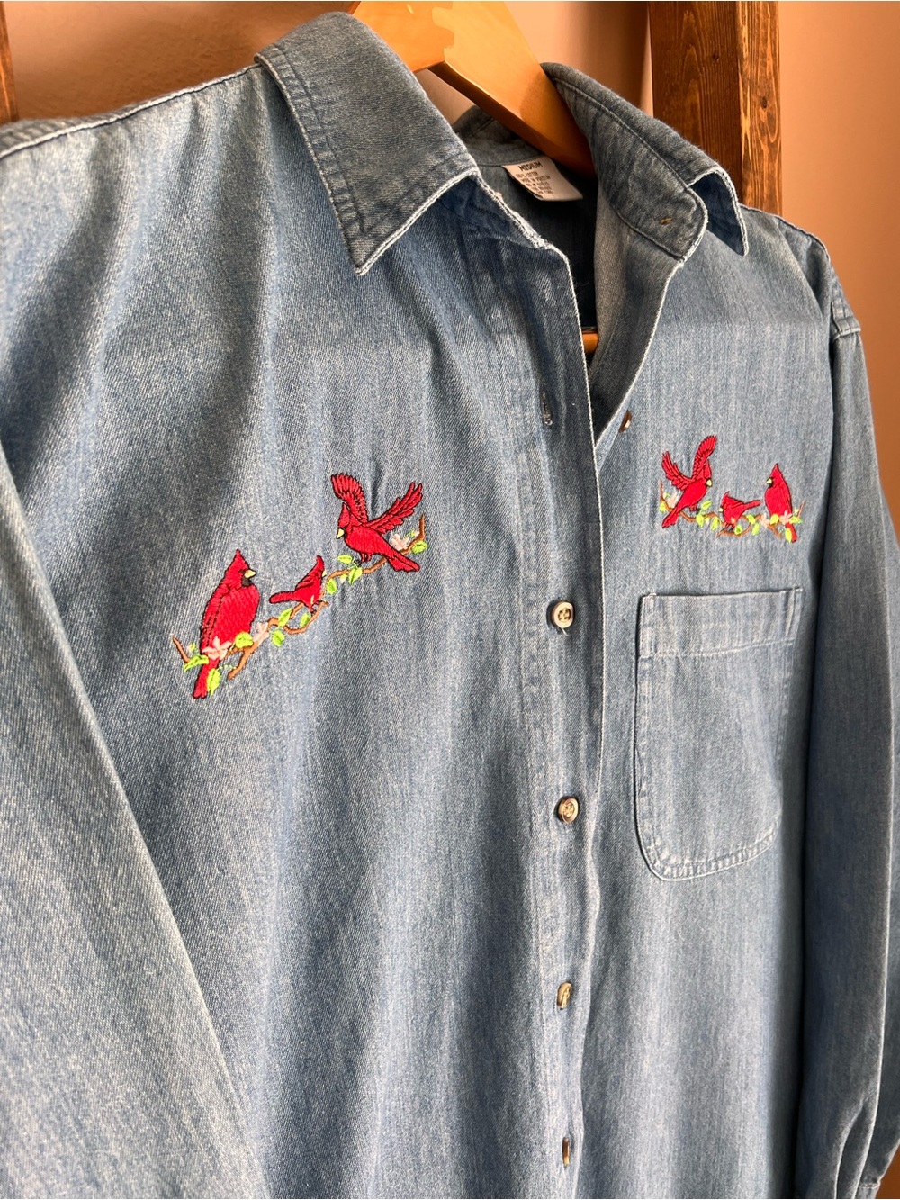 Denim Button-Down Shirt with Red Cardinal Embroidery